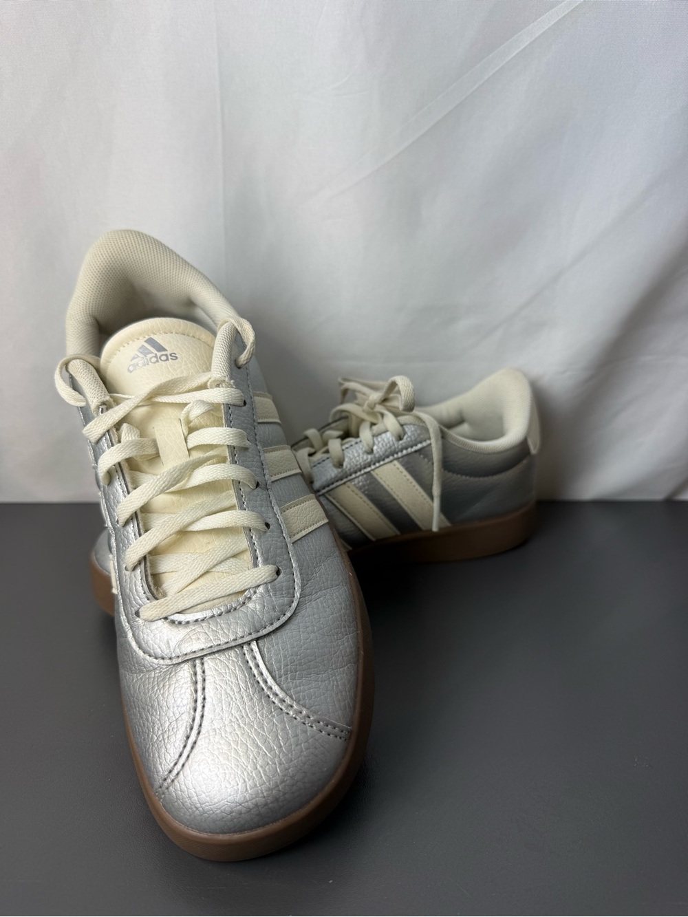 adidas VL Court 3.0 Silver Metallic Gum Sneakers 6Y JQ7341